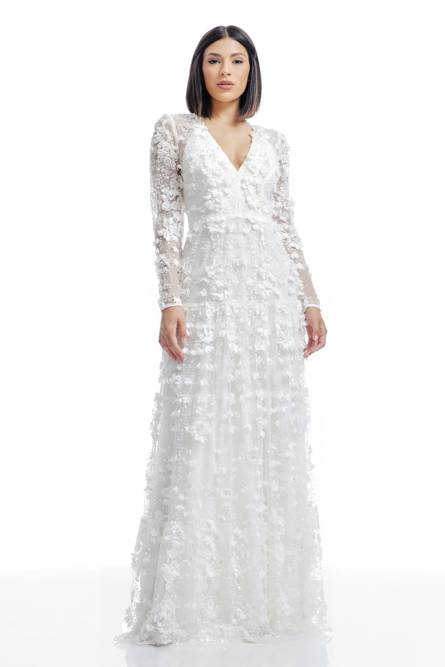 Dress the Population Angelina White 3D Floral Pearl Gown XS $778
