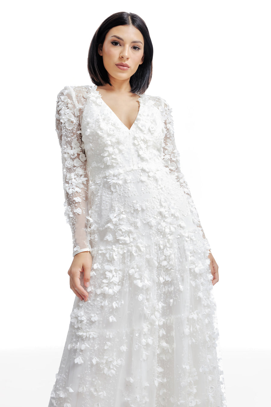 Dress the Population Angelina White 3D Floral Pearl Gown XS $778
