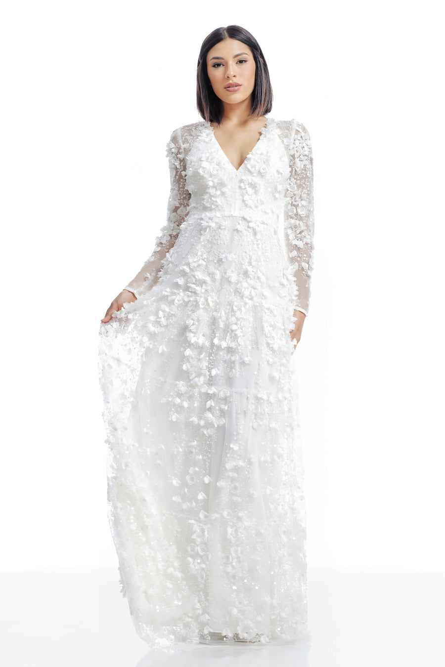 Dress the Population Angelina White 3D Floral Pearl Gown XS $778