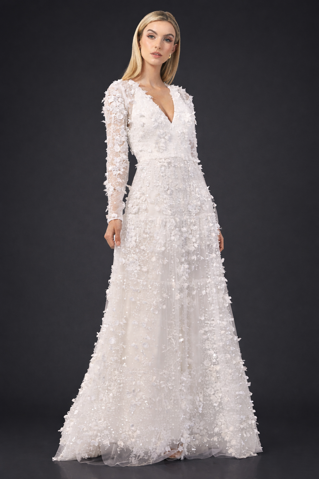 Dress the Population Angelina White 3D Floral Pearl Gown XS $778