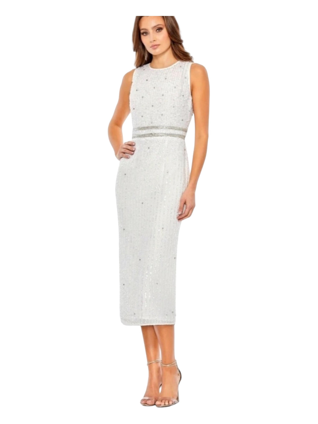 Mac Duggal 10509 Sleeveless High Neck Beaded Midi Sheath
Dress White Sz 0