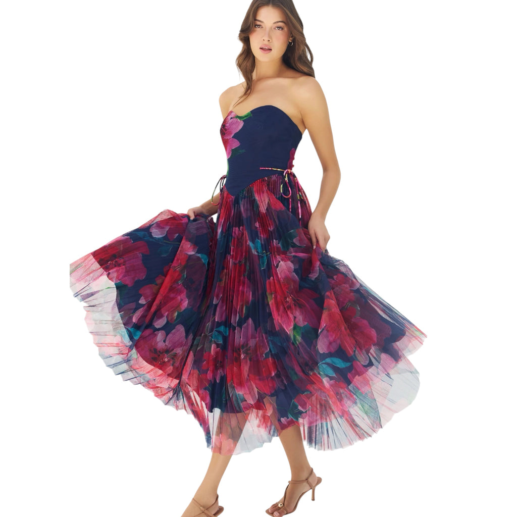 Hutch Rowan Strapless Floral Pleated Midi Dress – Size 2