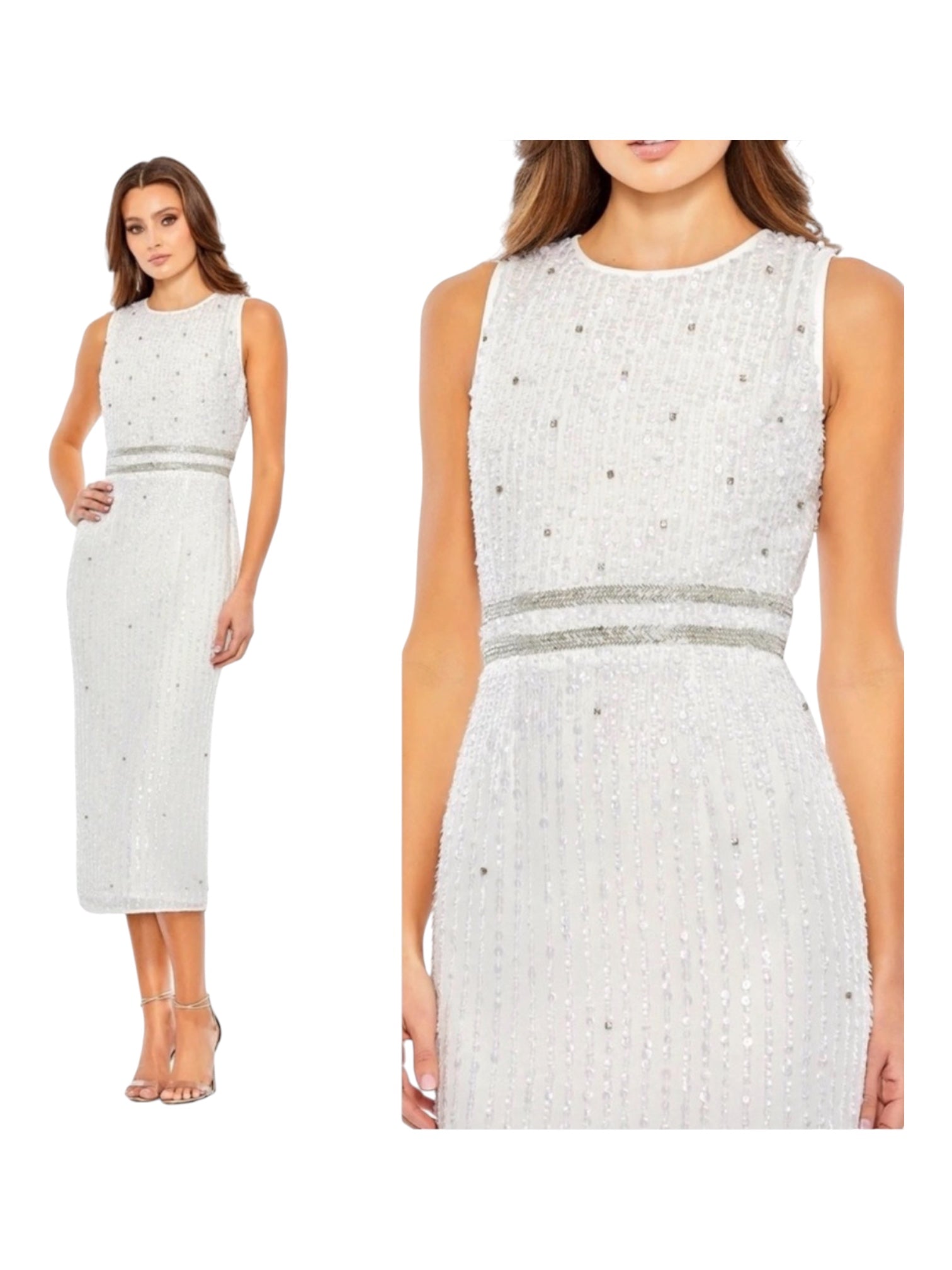Mac Duggal 10509 Sleeveless High Neck Beaded Midi Sheath
Dress White Sz 0