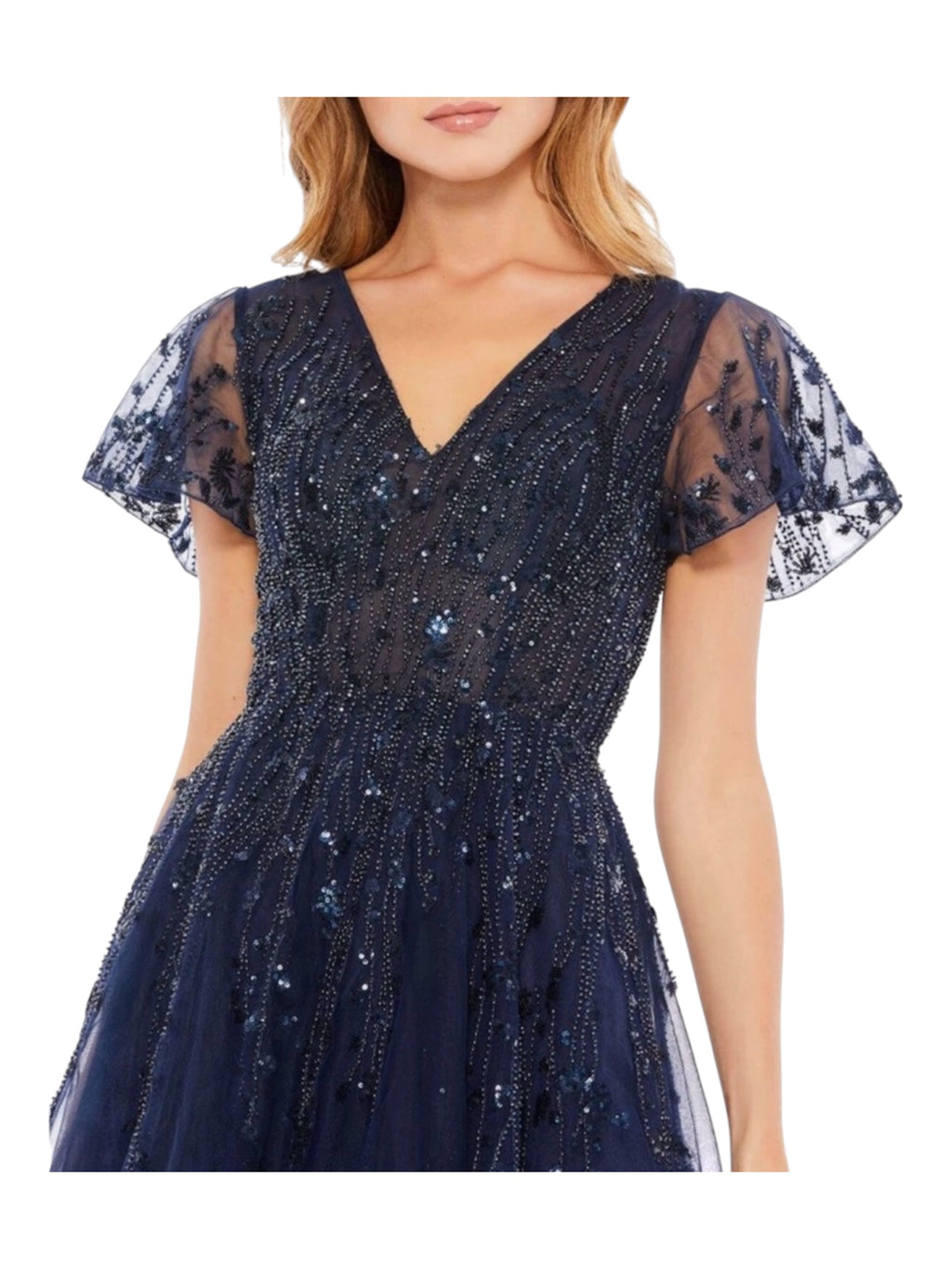 Mac Duggal 20304
Embellished Flutter
Sleeve Tea Length Dress Midnight
Sz 14