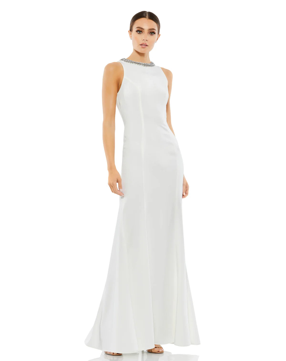 Mac Duggal 49093 White Rhinestone High Neck Trumpet Gown Sz 0 $358