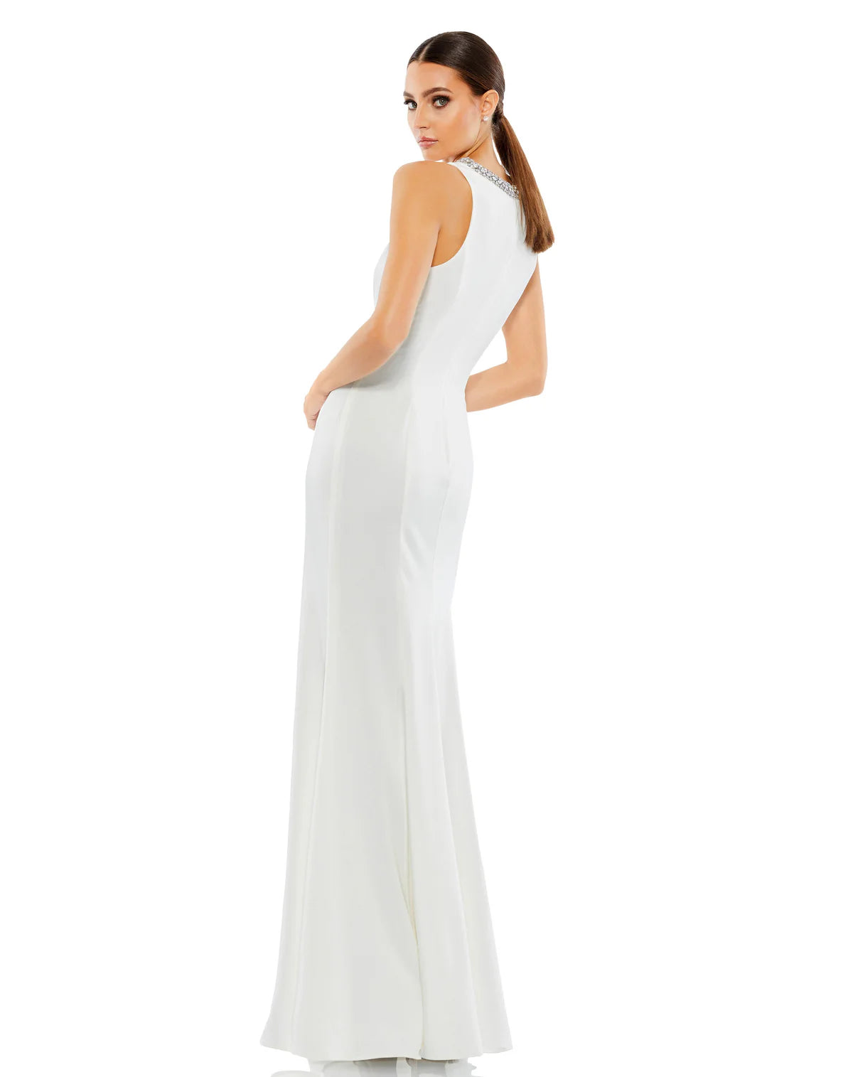Mac Duggal 49093 White Rhinestone High Neck Trumpet Gown Sz 0 $358