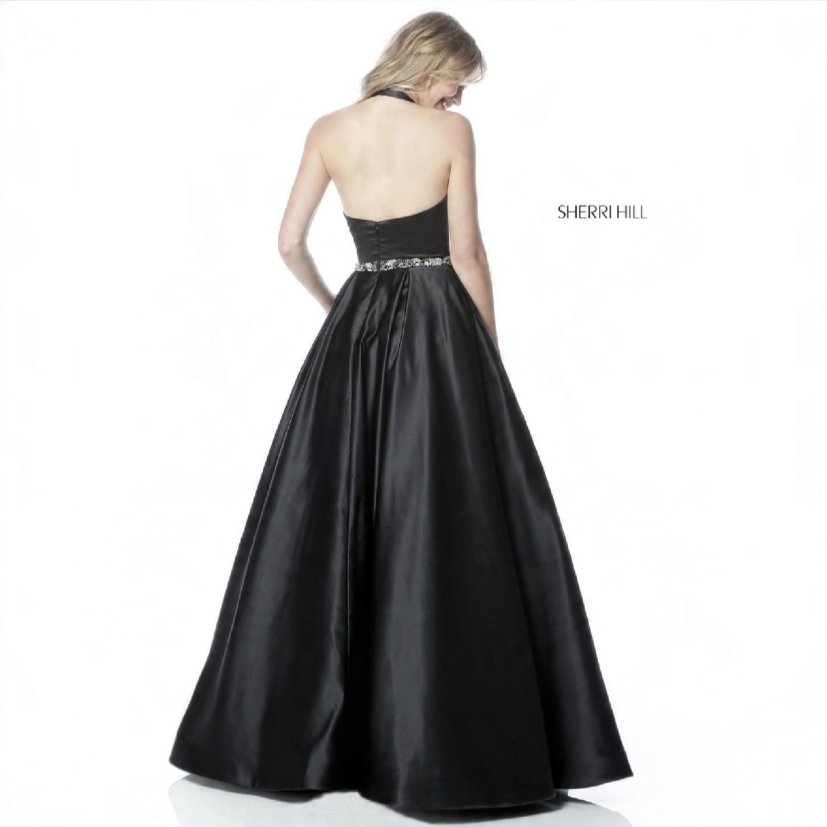 Sherri Hill 51588 Black Halter Ball Gown Beaded Waist Dress Size 4