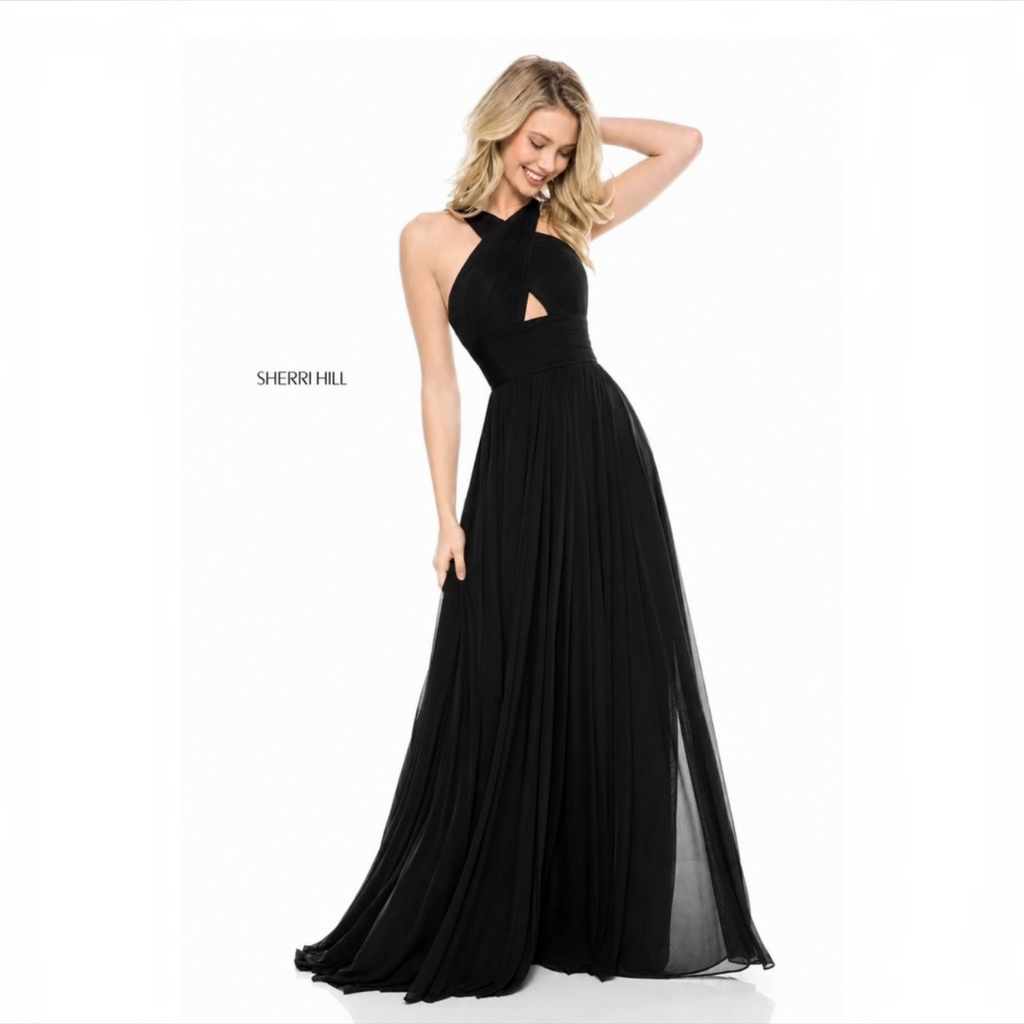 Sherri Hill 51903 Black Chiffon Cross Front Keyhole Gown Size 2