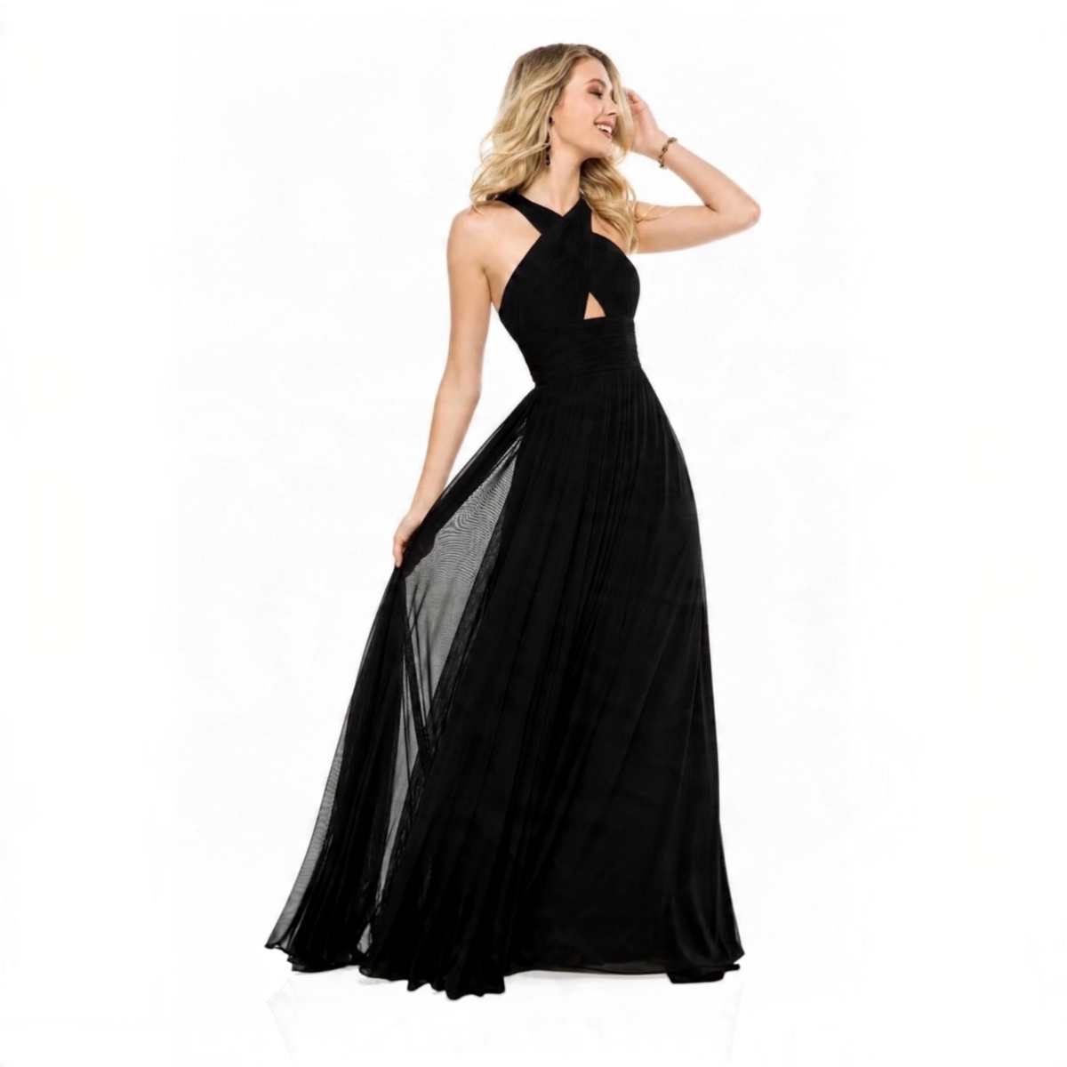 Sherri Hill 51903 Black Chiffon Cross Front Keyhole Gown Size 2