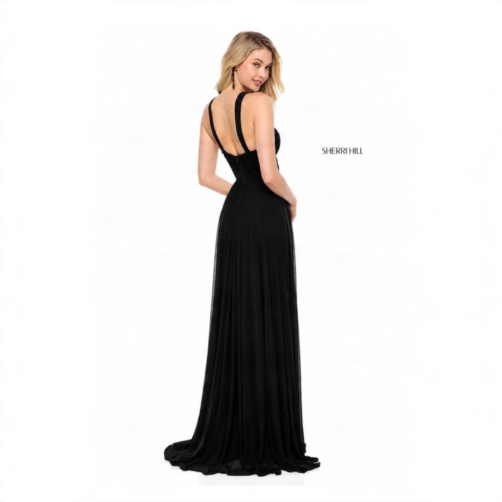 Sherri Hill 51903 Black Chiffon Cross Front Keyhole Gown Size 2