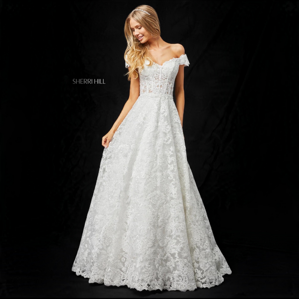 Sherri Hill 51573 Ivory Metallic Lace Ball Gown Off Shoulder Sweetheart Size 00
