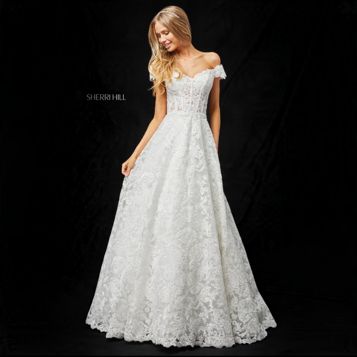Sherri Hill 51573 Ivory Metallic Lace Ball Gown Off Shoulder Sweetheart Size 00