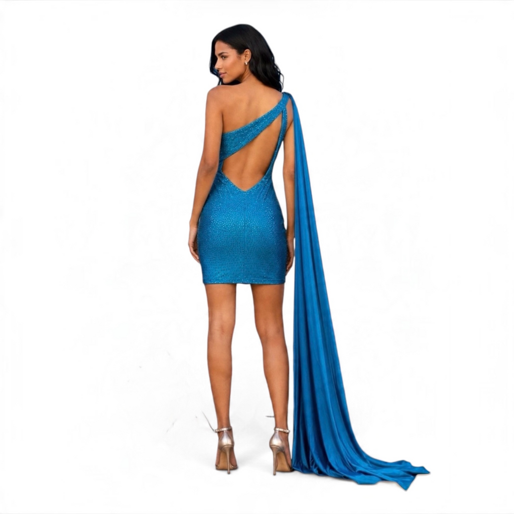Sherri Hill 54858 Peacock One Shoulder Rhinestone Jersey Mini Dress Cape Size 8