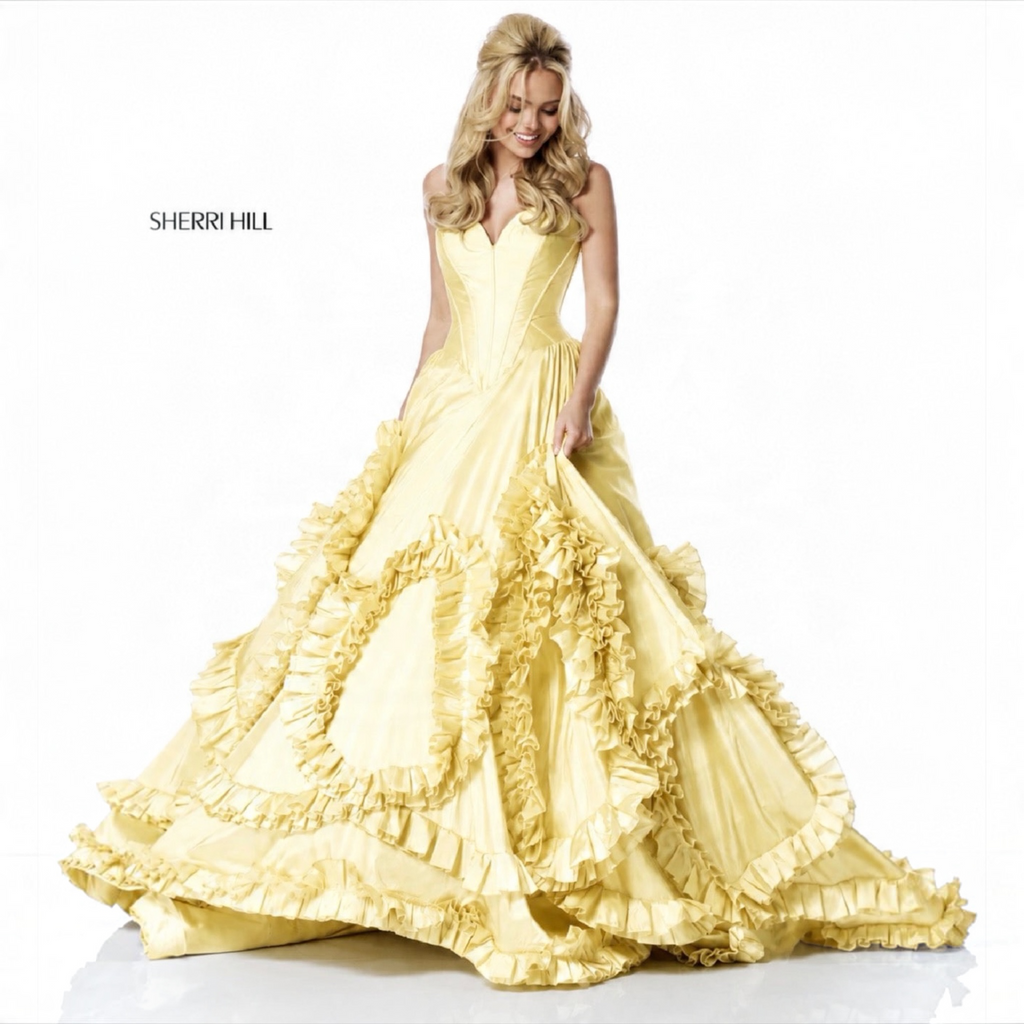 Sherri Hill 51578 Yellow Taffeta Ball
Gown Size 4