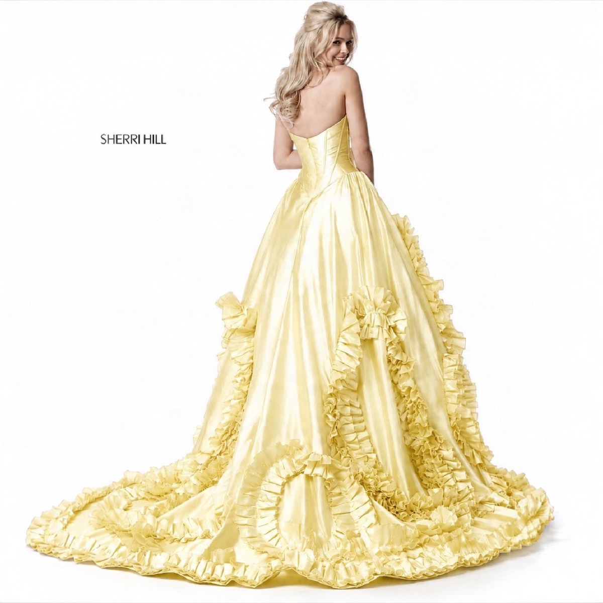 Sherri Hill 51578 Yellow Taffeta Ball
Gown Size 4