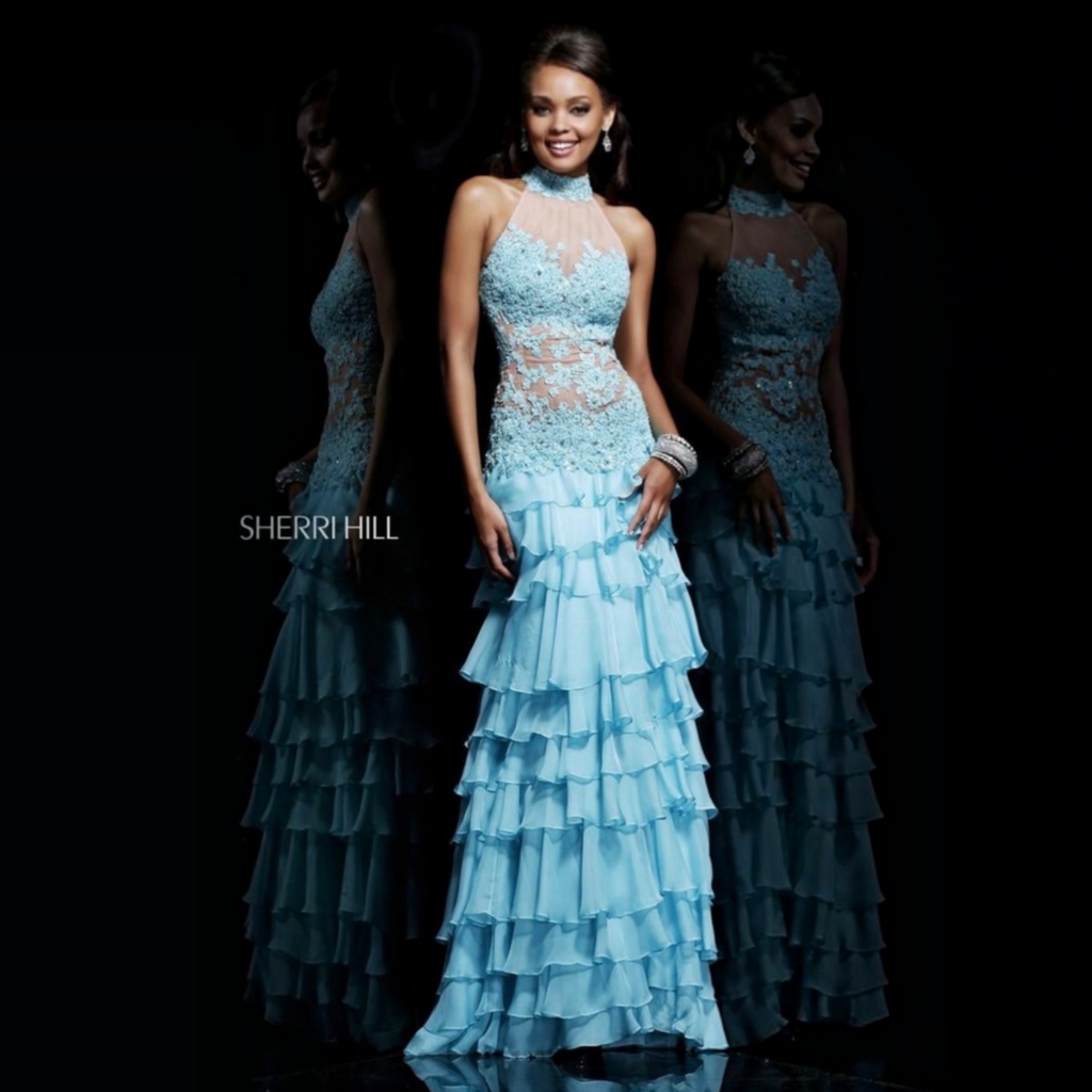 Sherri Hill 11052 Aqua Lace Tiered Ruffle Gown Sz 4