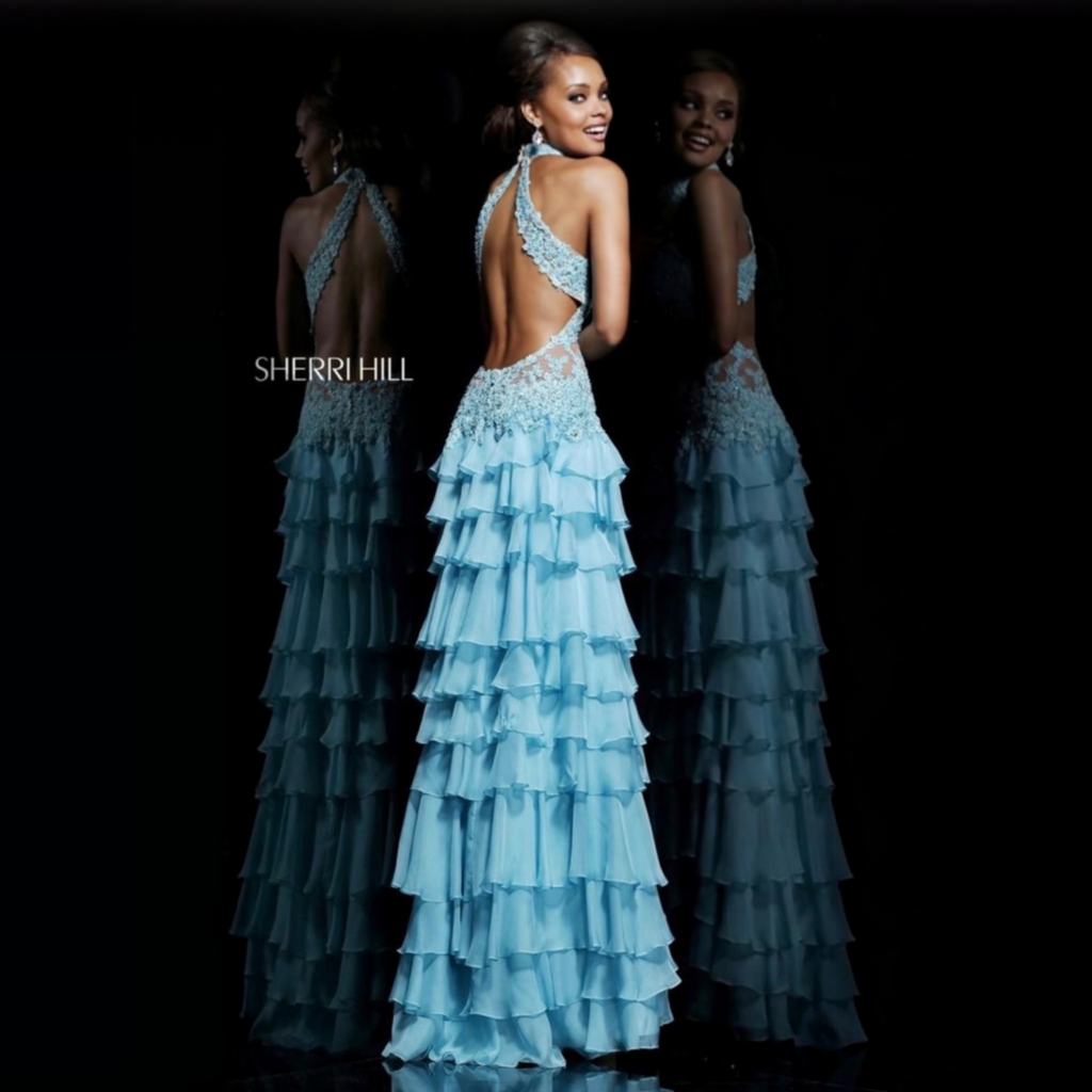 Sherri Hill 11052 Aqua Lace Tiered Ruffle Gown Sz 4