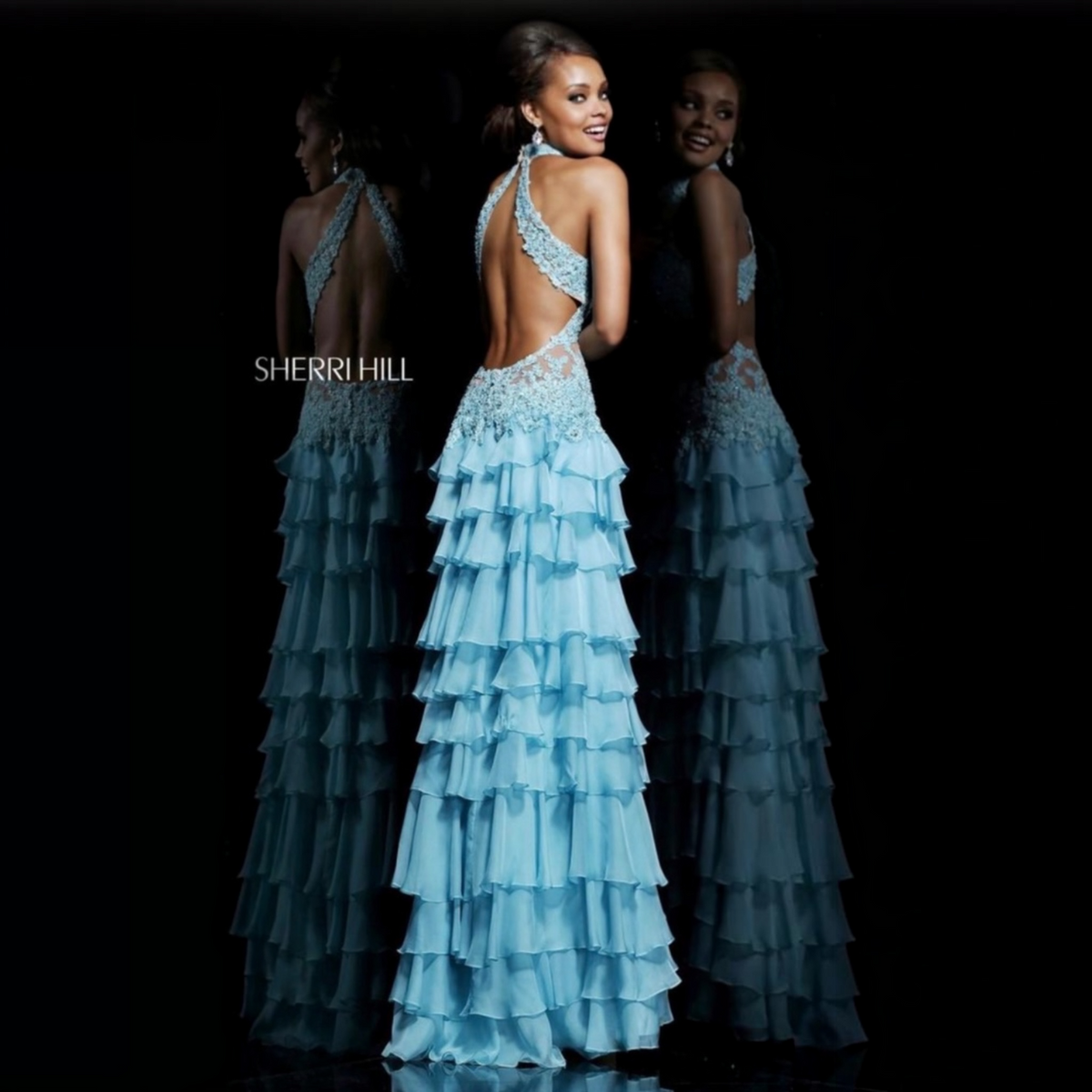 Sherri Hill 11052 Aqua Lace Tiered Ruffle Gown Sz 4
