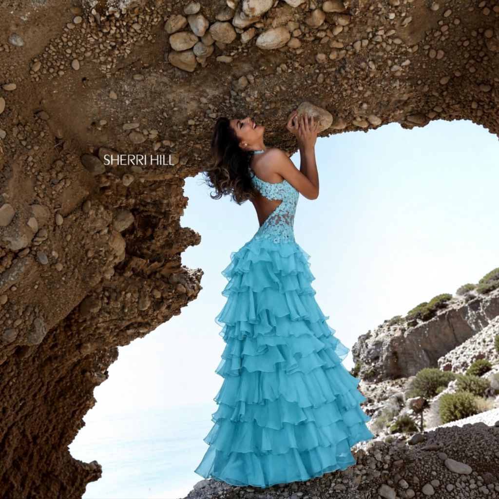 Sherri Hill 11052 Aqua Lace Tiered Ruffle Gown Sz 4