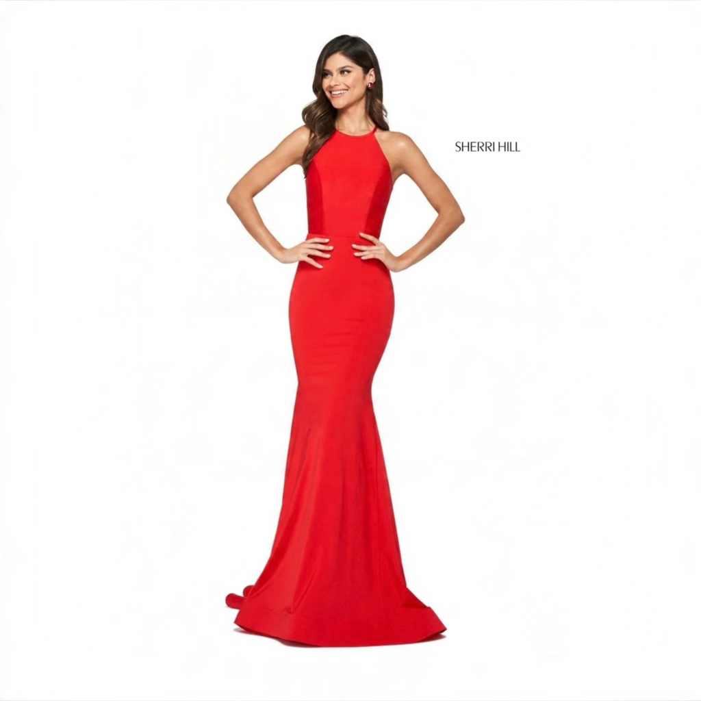 Sherri Hill 53663 Red Halter Jersey Open Back Ruched Gown Dress Size 6