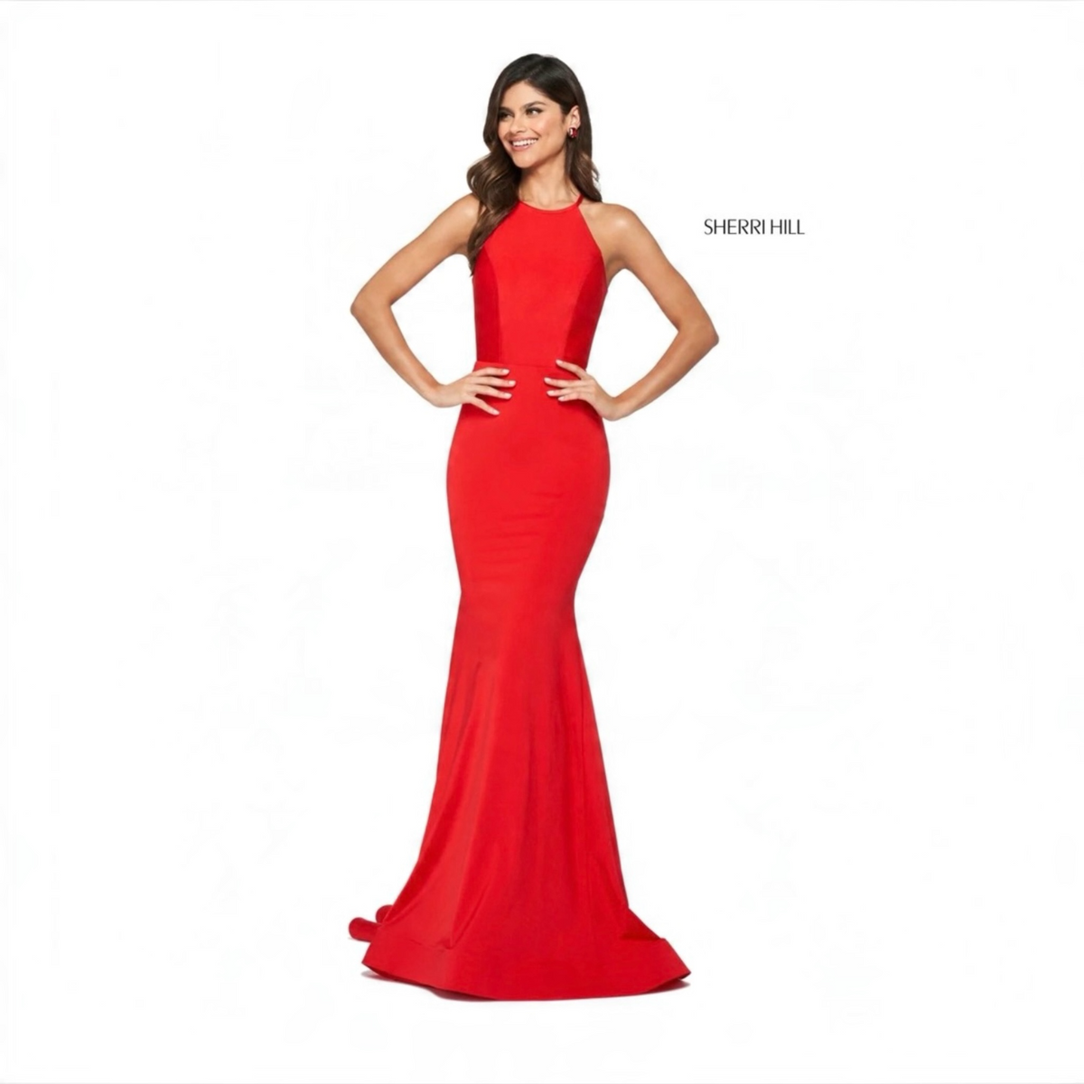 Sherri Hill 53663 Red Halter Jersey Open Back Ruched Gown Dress Size 6