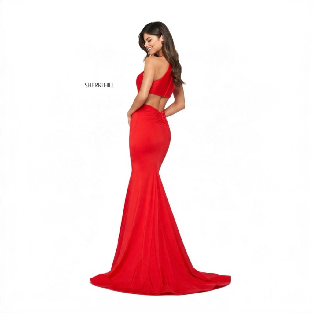 Sherri Hill 53663 Red Halter Jersey Open Back Ruched Gown Dress Size 6