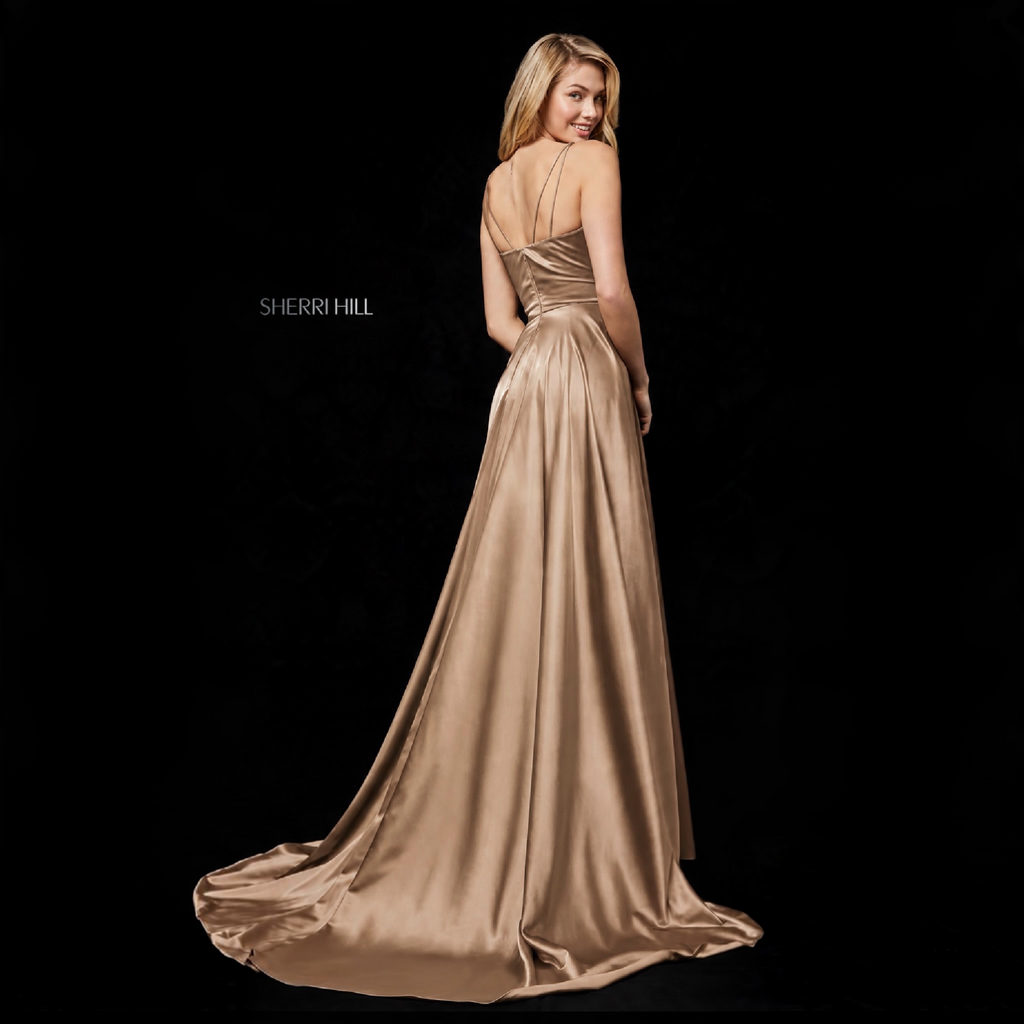 Sherri Hill 52119 Mocha Silk Charmeuse V-Neck High Slit Gown Size 4