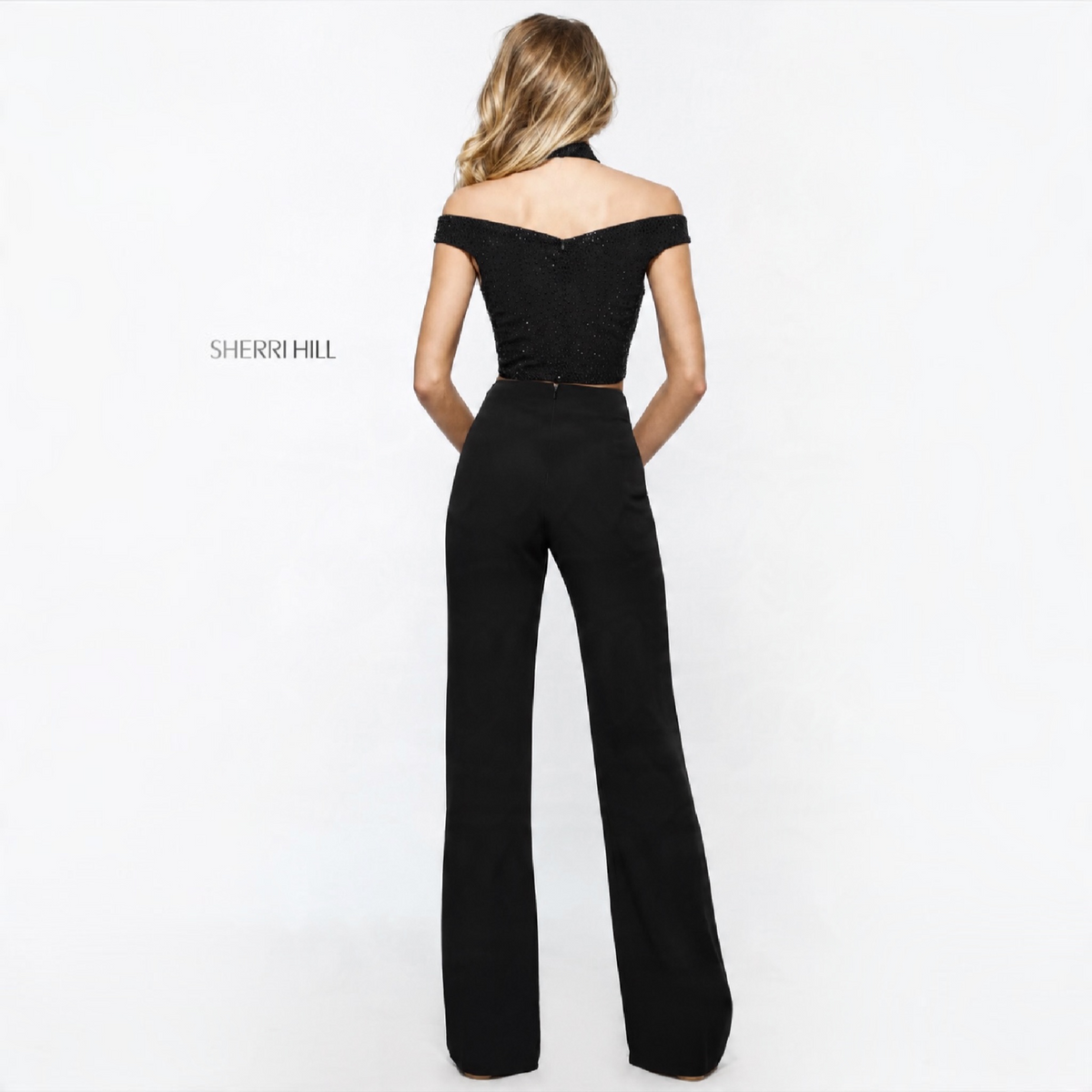 Sherri Hill 51432 Black Two Piece Sequin Crop Top Crepe Pants Set Size 6