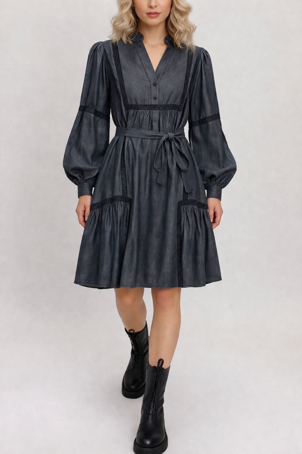 Gold Hawk Denim Tencel Lace Trim Dress Color: Dark Grey Large $365