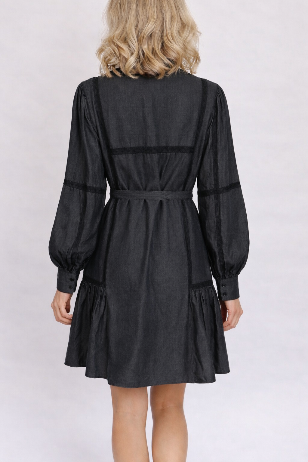 Gold Hawk Denim Tencel Lace Trim Dress Color: Dark Grey Large $365