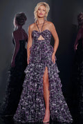 Jovani 40423 Purple Floral Tiered Strapless Gown Size 4 $598