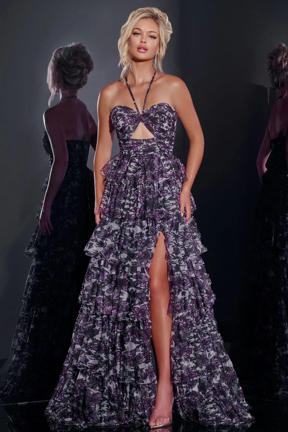 Jovani 40423 Purple Floral Tiered Strapless Gown Size 4 $598