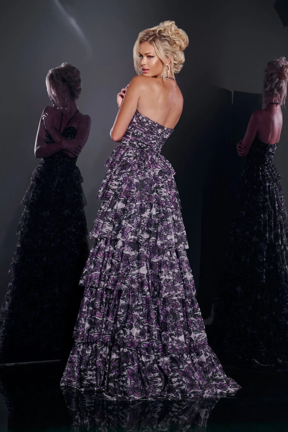 Jovani 40423 Purple Floral Tiered Strapless Gown Size 4 $598
