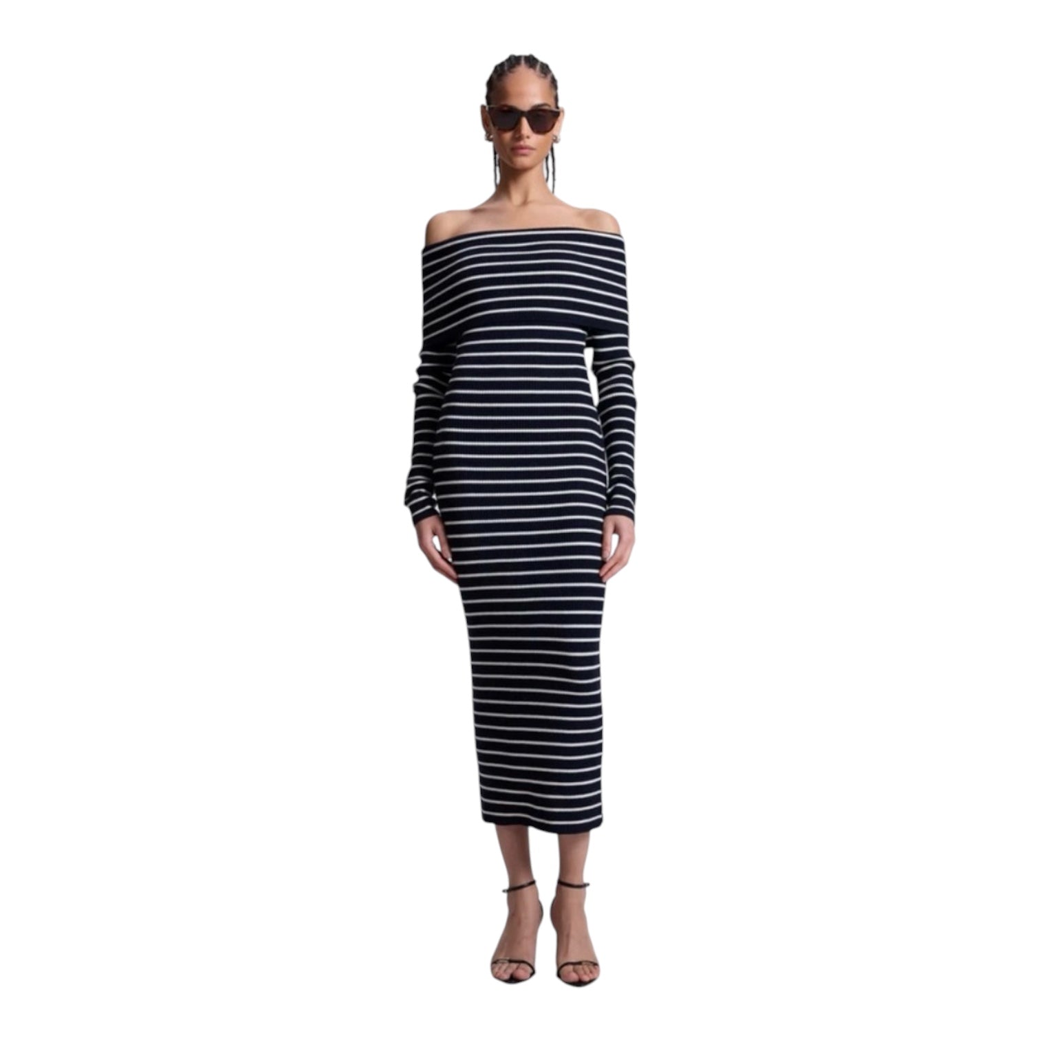 A.L.C. ALC Evelyn Merino Off Shoulder Midi Dress Navy White Medium