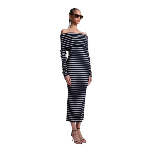 A.L.C. ALC Evelyn Merino Off Shoulder Midi Dress Navy White Medium