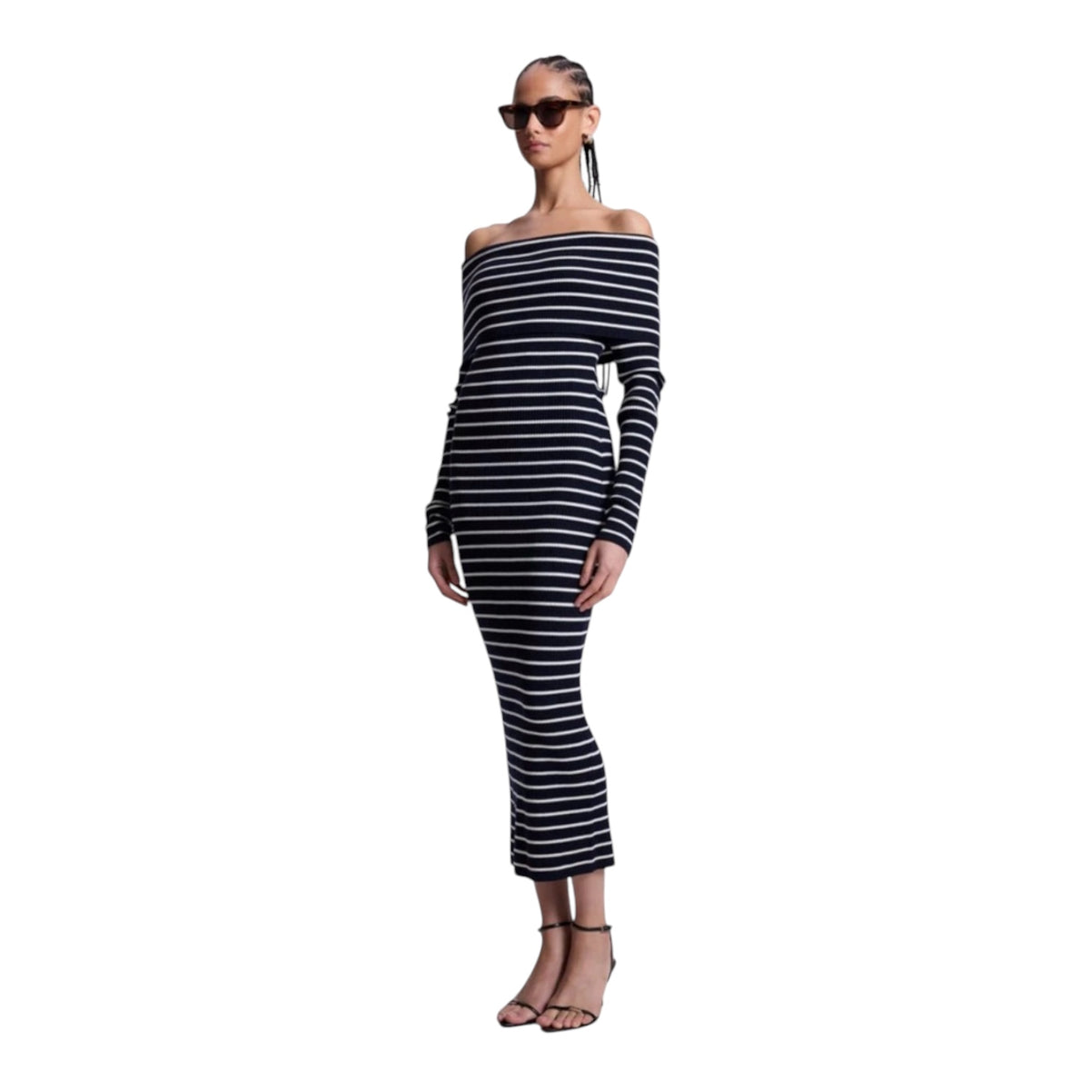 A.L.C. ALC Evelyn Merino Off Shoulder Midi Dress Navy White Medium