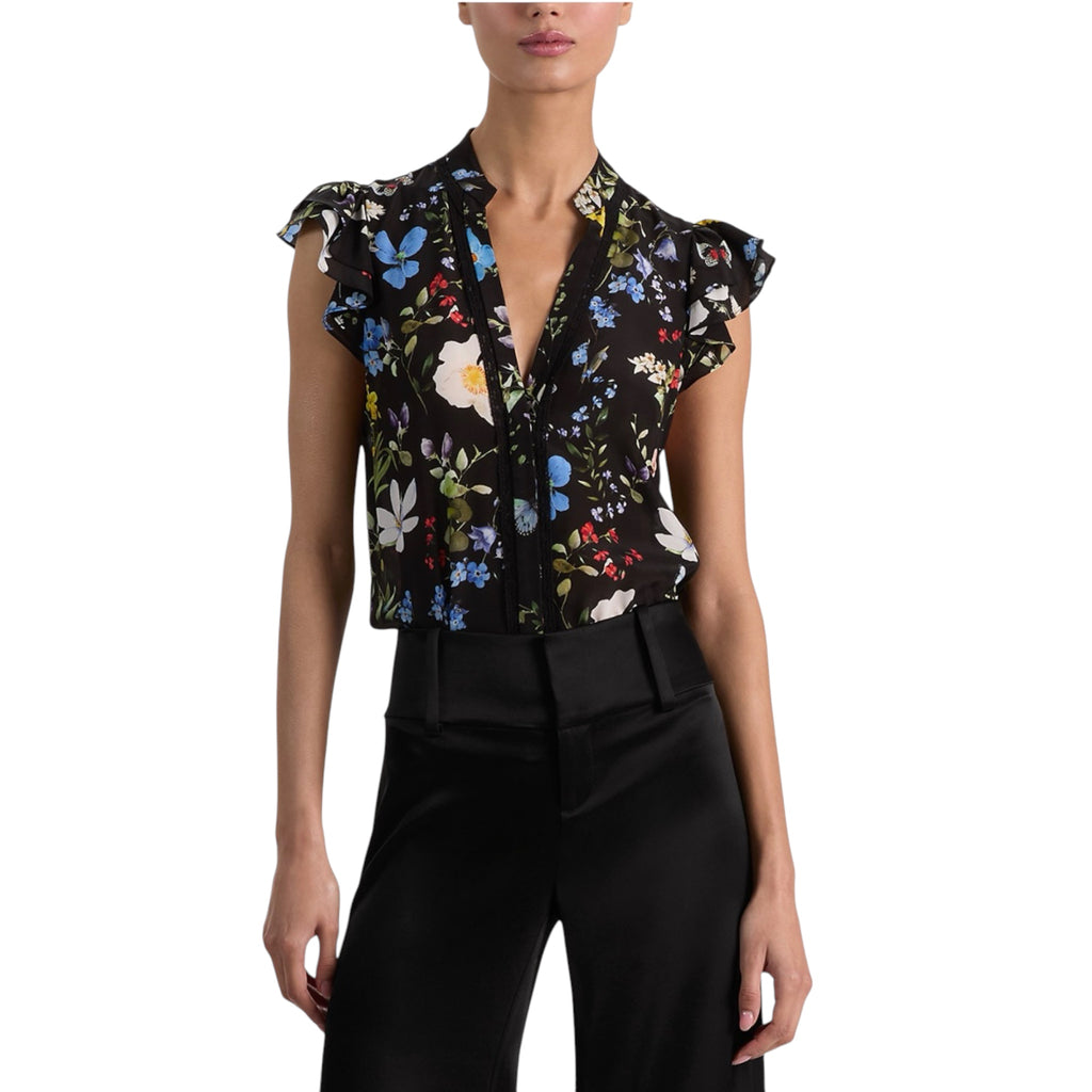 Alice + Olivia Arlette Silk Floral Flutter Blouse – Size Large
