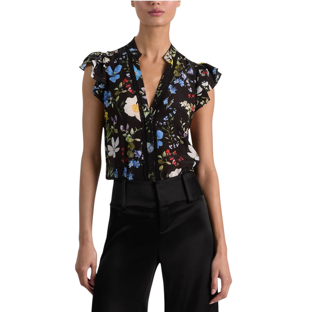Alice + Olivia Arlette Silk Floral Flutter Blouse – Size Large