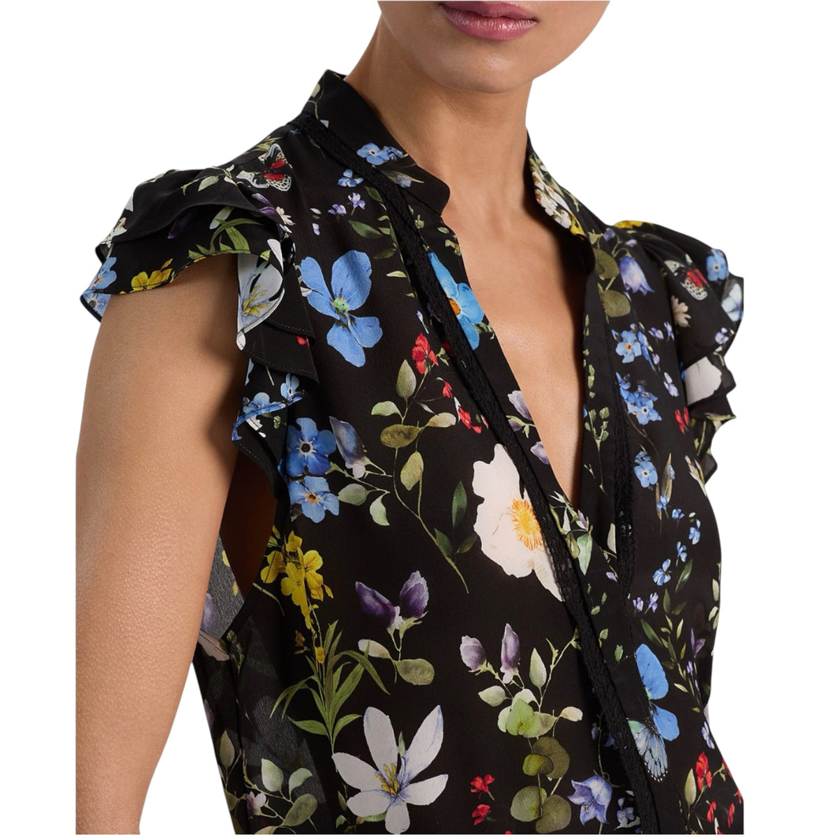 Alice + Olivia Arlette Silk Floral Flutter Blouse – Size Large