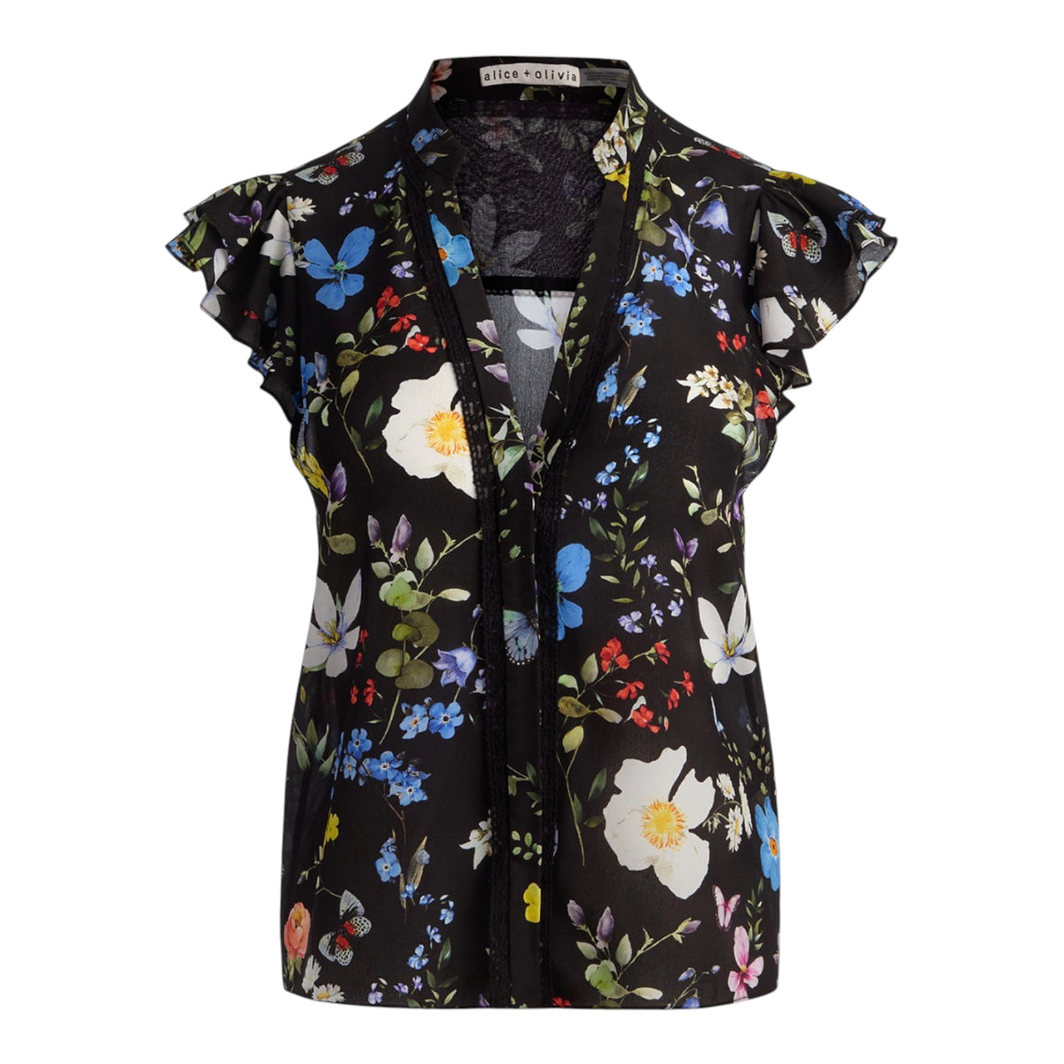 Alice + Olivia Arlette Silk Floral Flutter Blouse – Size Large