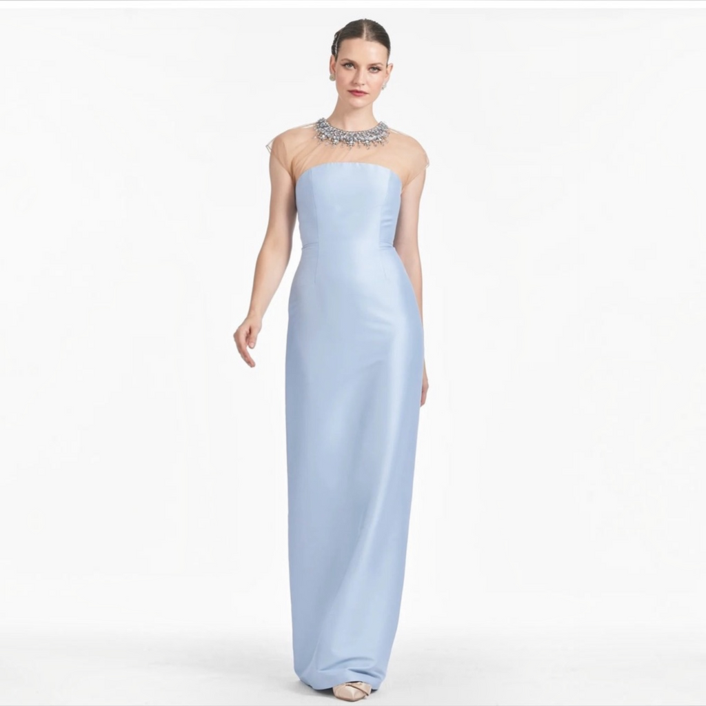 Sachin & Babi Irina Gown Glacial Blue Beaded Illusion Neck Sz 6