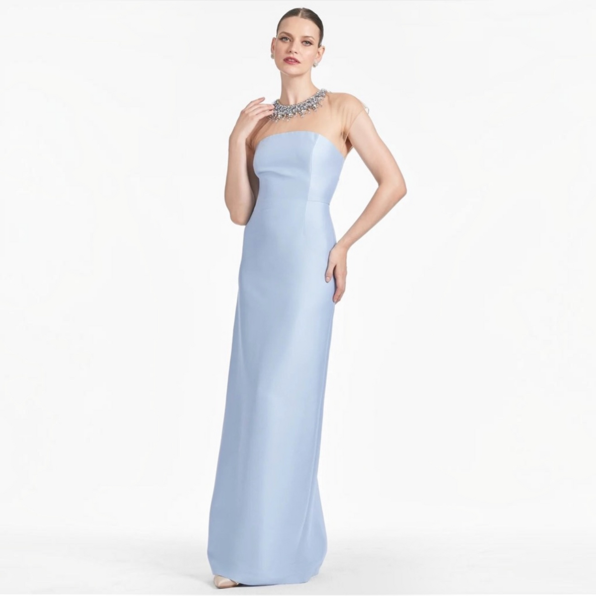 Sachin & Babi Irina Gown Glacial Blue Beaded Illusion Neck Sz 6