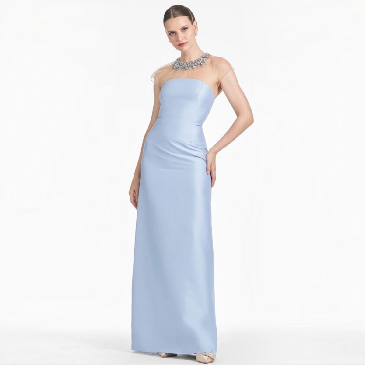 Sachin & Babi Irina Gown Glacial Blue Beaded Illusion Neck Sz 6