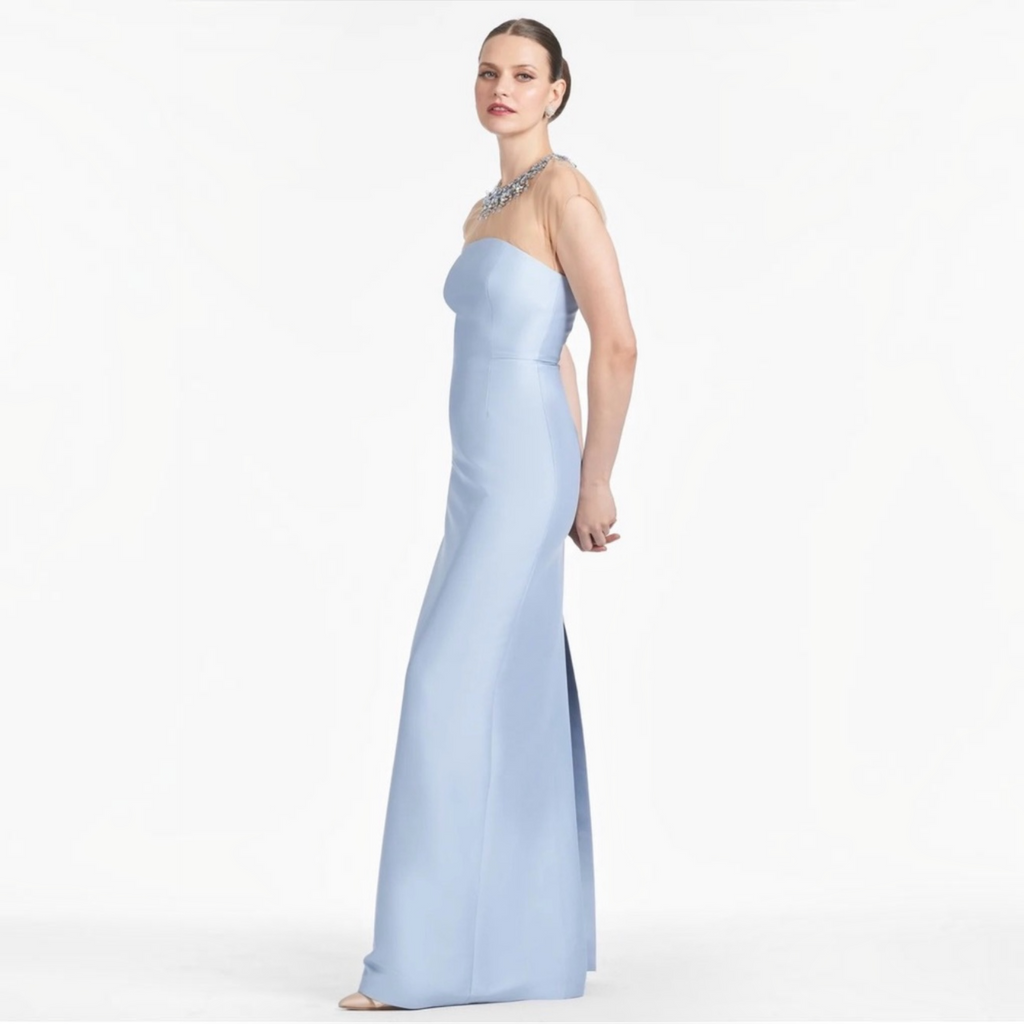 Sachin & Babi Irina Gown Glacial Blue Beaded Illusion Neck Sz 6