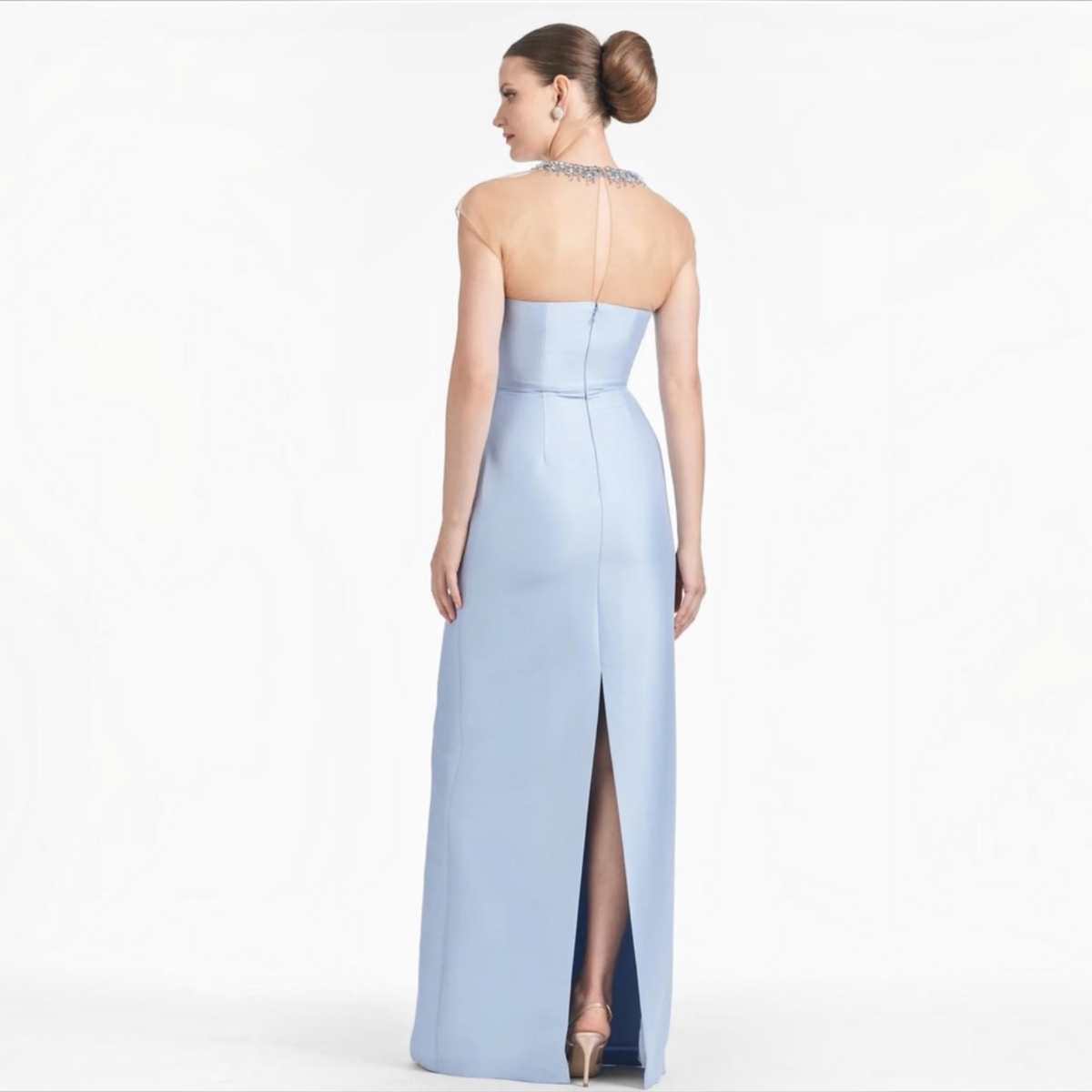 Sachin & Babi Irina Gown Glacial Blue Beaded Illusion Neck Sz 6
