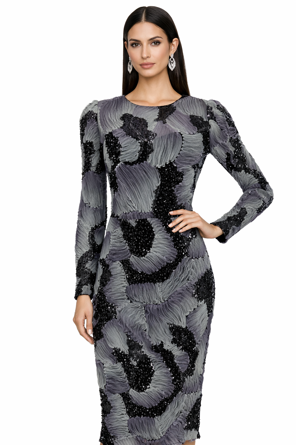Dress the Population Long Sleeve Sequin Midi Dress Gray Black Size Small $298