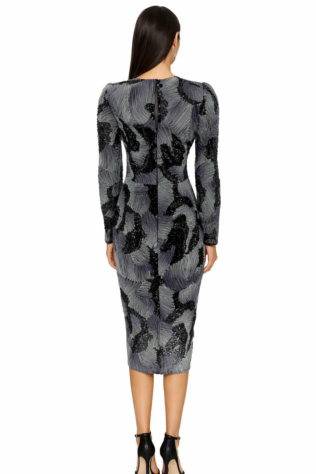 Dress the Population Long Sleeve Sequin Midi Dress Gray Black Size Small $298