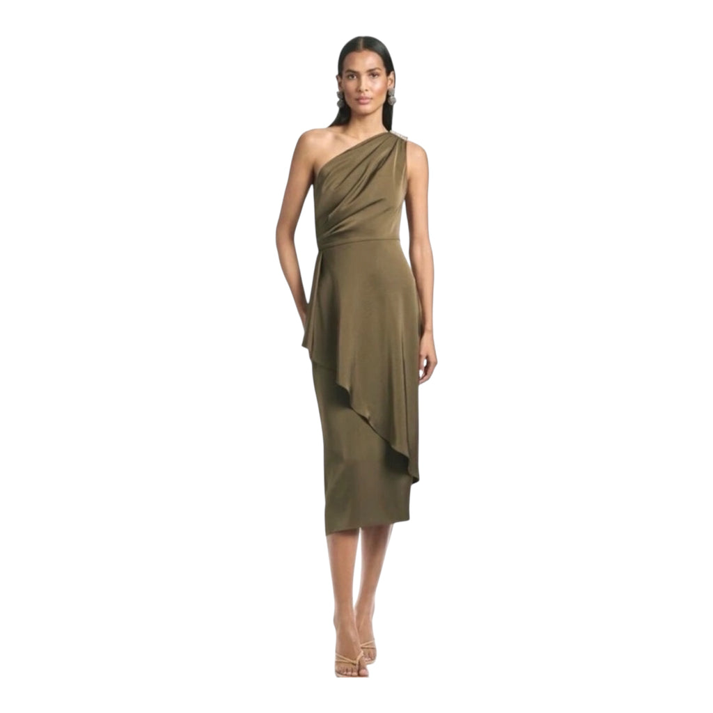 Sachin & Babi Evangeline One Shoulder Olive Midi Dress Size 2
