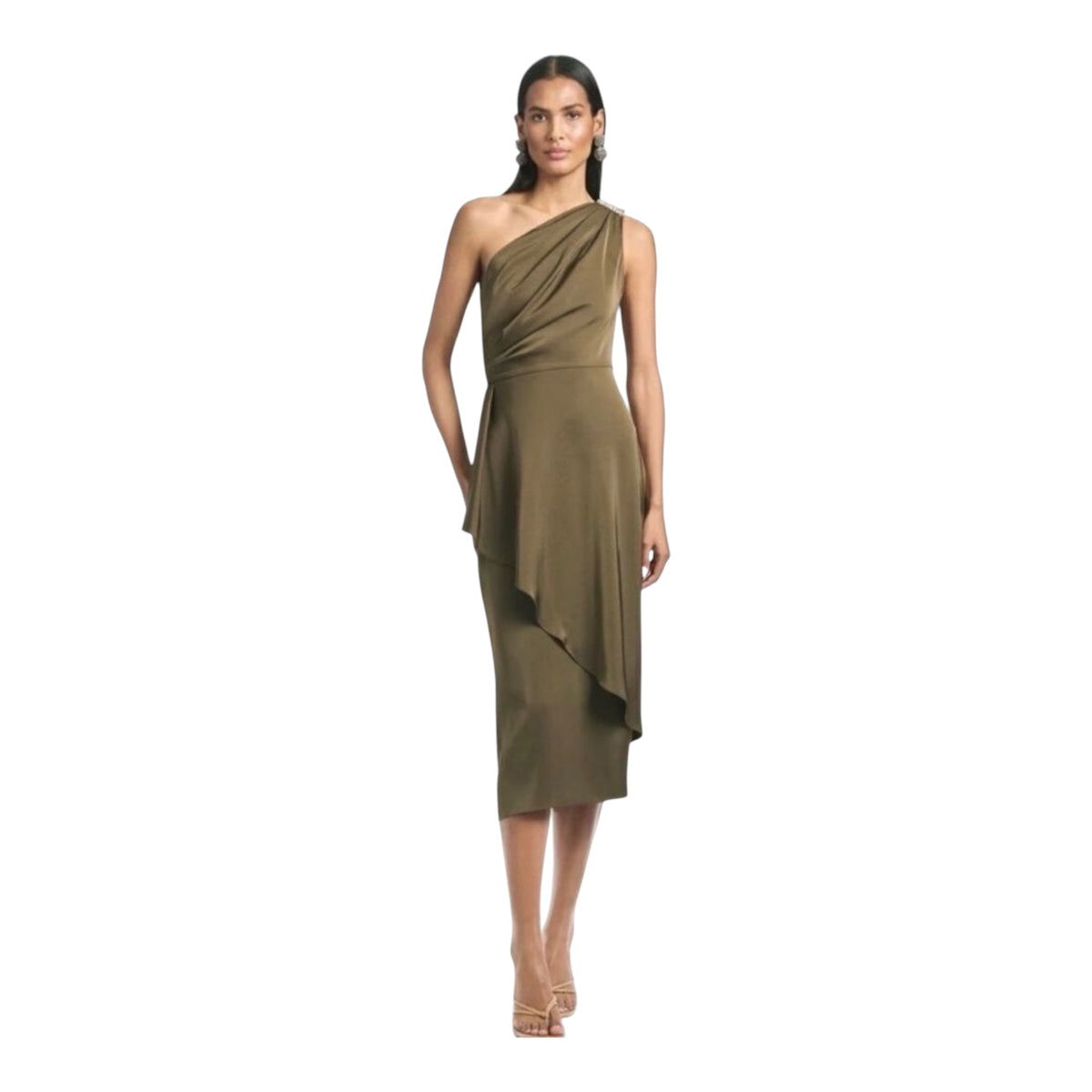 Sachin & Babi Evangeline One Shoulder Olive Midi Dress Size 2