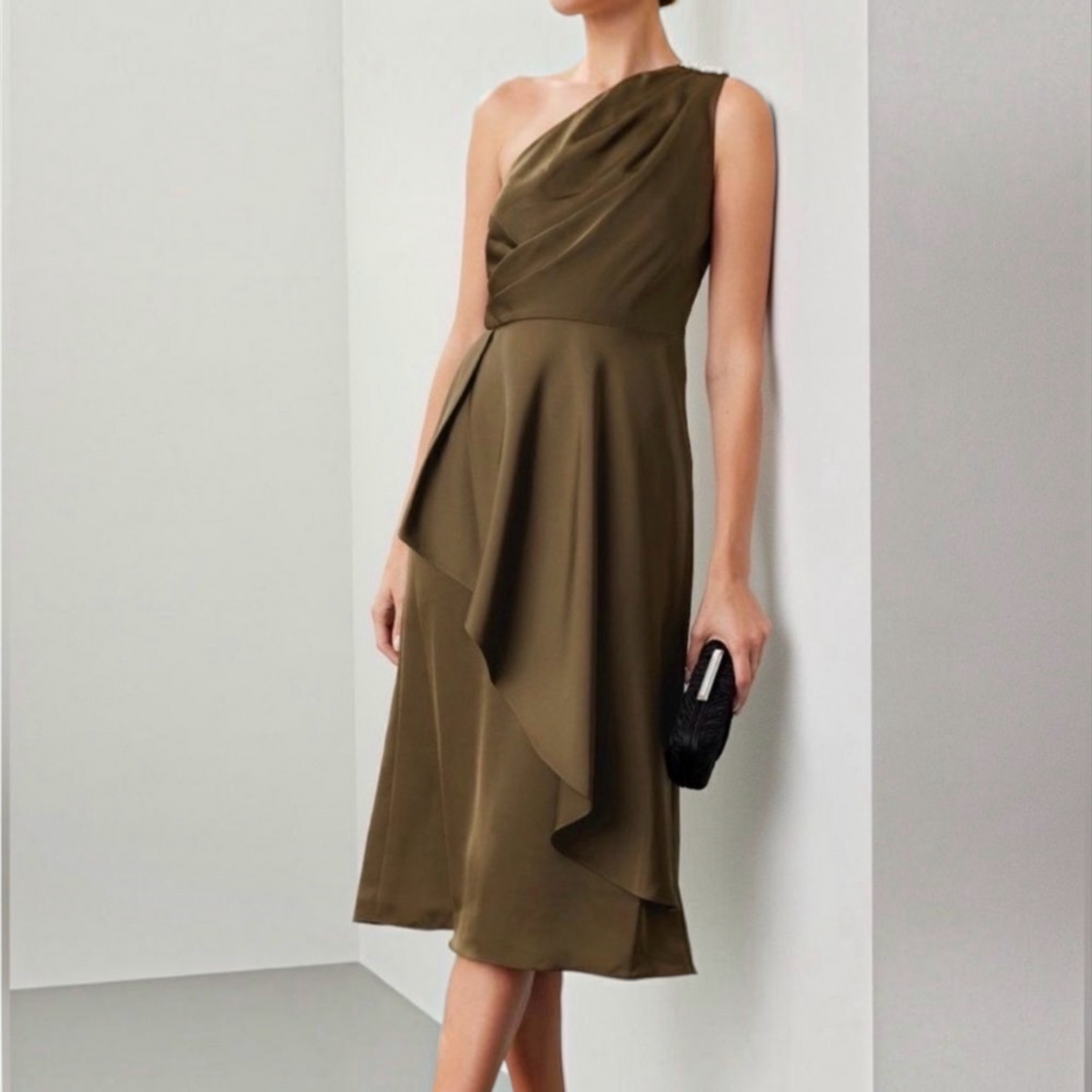 Sachin & Babi Evangeline One Shoulder Olive Midi Dress Size 2